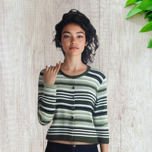 VINTAGE SUGAR -- Sweater, Lightweight, Green and White Striped, 3/4 Sleeves - Picture 1 of 16